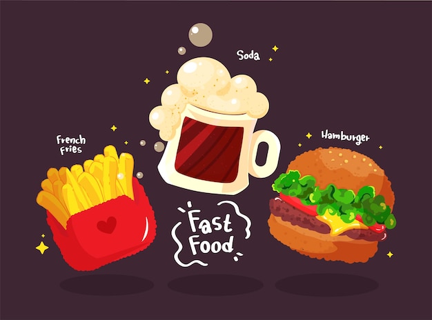 Vecteur gratuit ensemble savoureux de hamburger de restauration rapide illustration d'art de dessin animé dessiné à la main