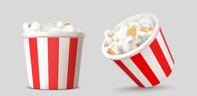 Vecteur gratuit ensemble de seaux de pop-corn vue latérale et de dessus