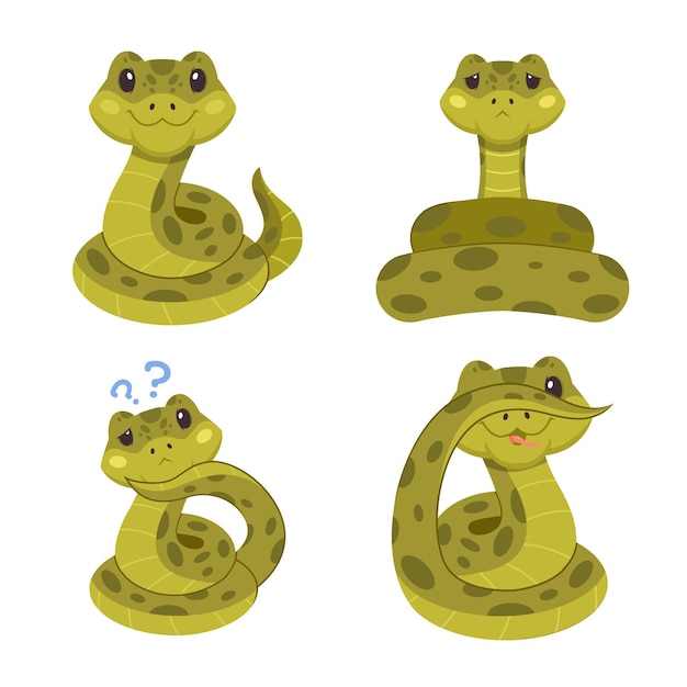 Vecteur gratuit ensemble de serpents dessinés à la main mignons souriant se sentant tristes posant des questions couvrant les yeux