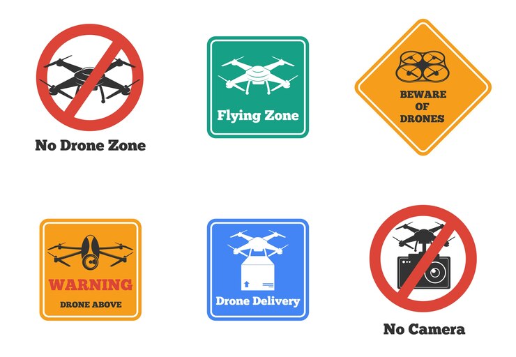 Vecteur gratuit ensemble de signes de drone interdits et d'avertissement de différentes formes et couleurs isolés