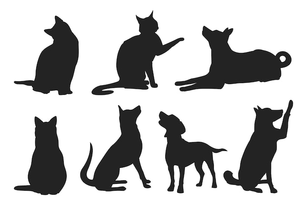 Vecteur gratuit ensemble de silhouette chien et chat design plat