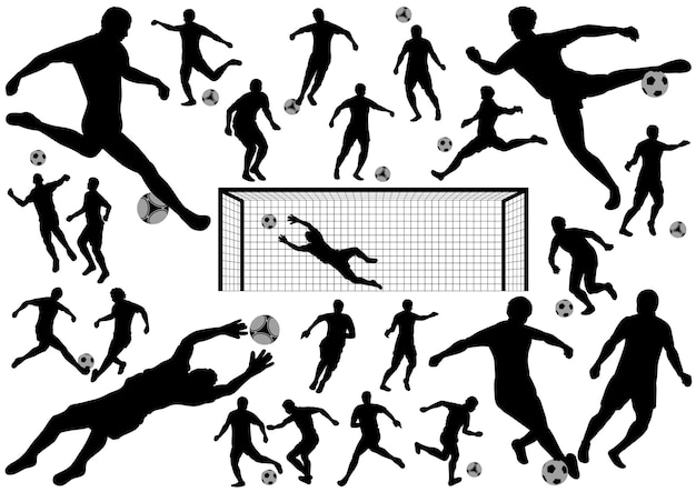 Vecteur gratuit ensemble de silhouette de joueurs de football isolé sur fond blanc. illustration vectorielle.