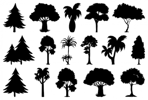 Vecteur gratuit ensemble de silhouette de plante et d'arbre