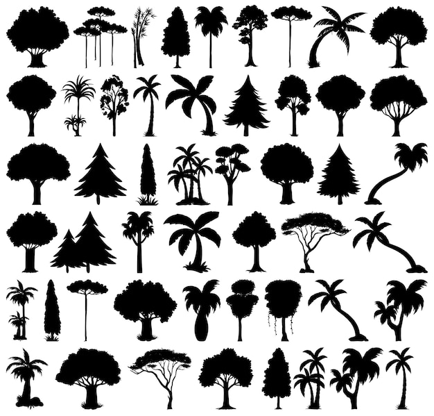 Vecteur gratuit ensemble de silhouette de plante et d'arbre