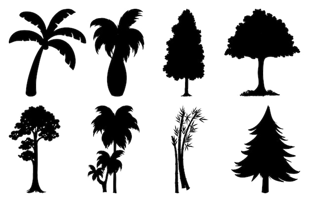 Vecteur gratuit ensemble de silhouette de plantes et d'arbres