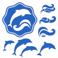 Vecteur gratuit ensemble de silhouettes de dauphins. vagues bleues sur blanc