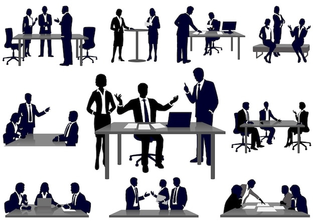 Vecteur gratuit ensemble de silhouettes de gens d'affaires en action illustration vectorielle isolée sur fond blanc