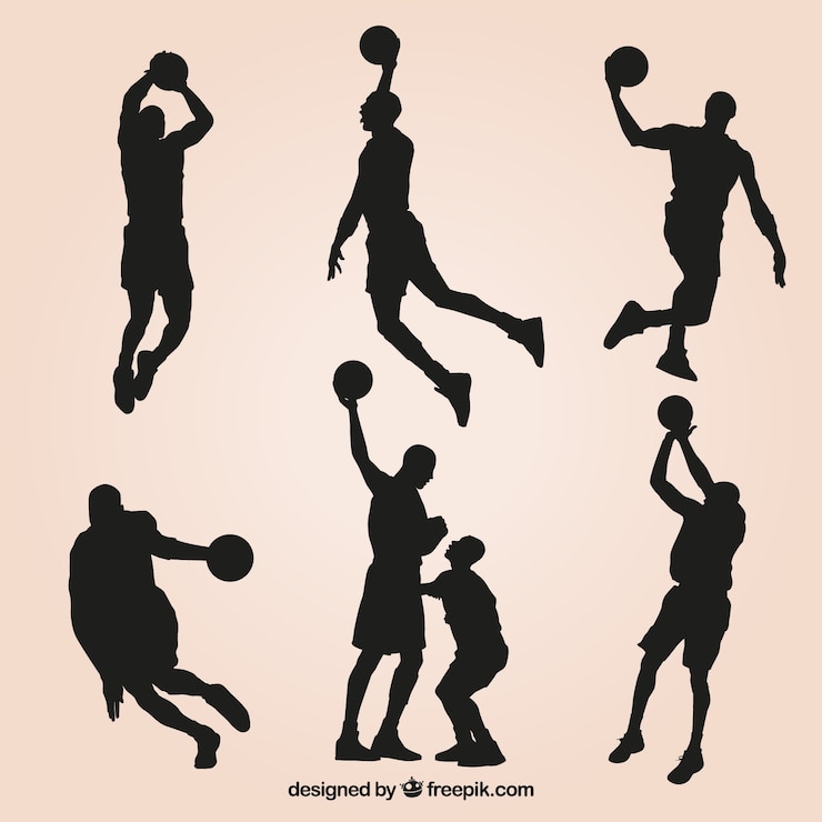 Vecteur gratuit ensemble de silhouettes et les joueurs de basket-ball