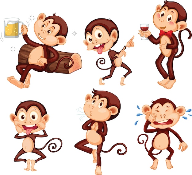 Vecteur gratuit ensemble de singes drôles faisant différentes activités