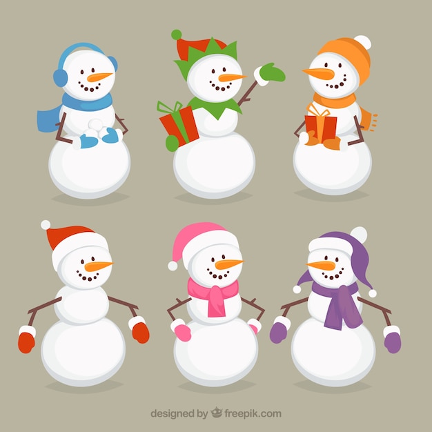 Vecteur gratuit ensemble de six bonhommes de neige avec accessoires