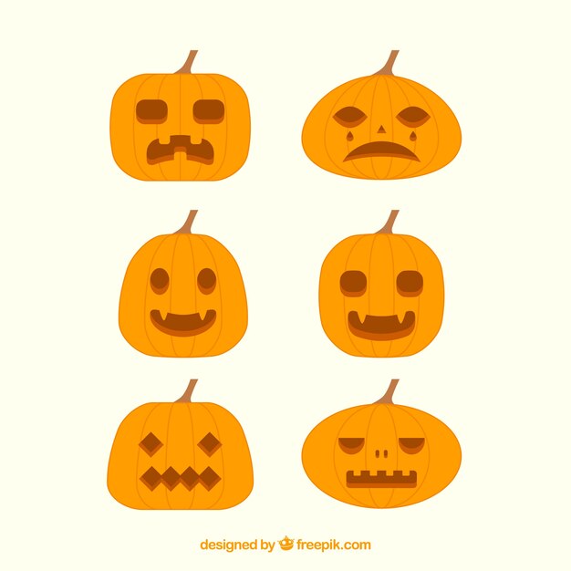 Vecteur gratuit ensemble de six citrouilles halloween en forme plate