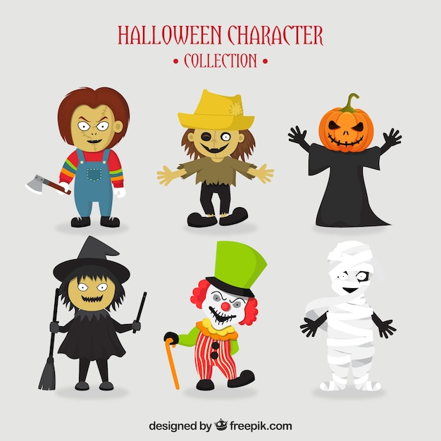 Vecteur gratuit ensemble de six personnages typiques de halloween