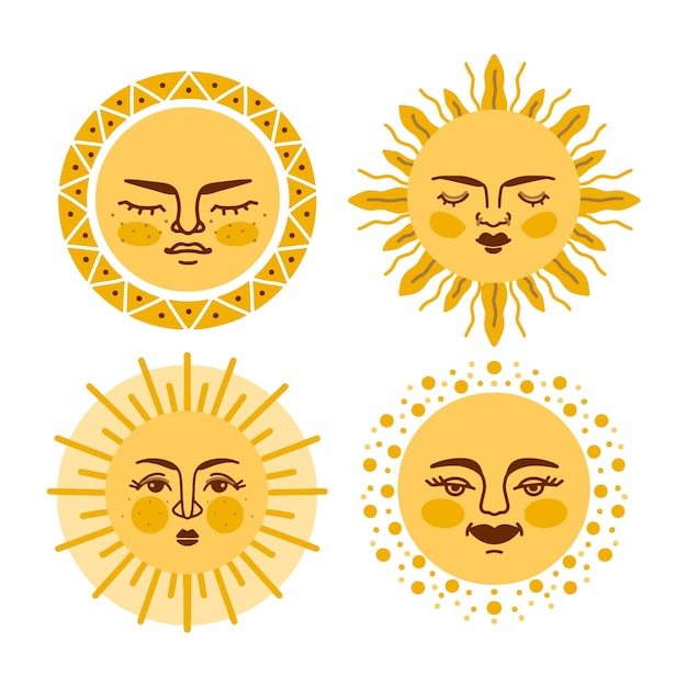 Vecteur gratuit ensemble de soleils dessinés à la main avec des visages