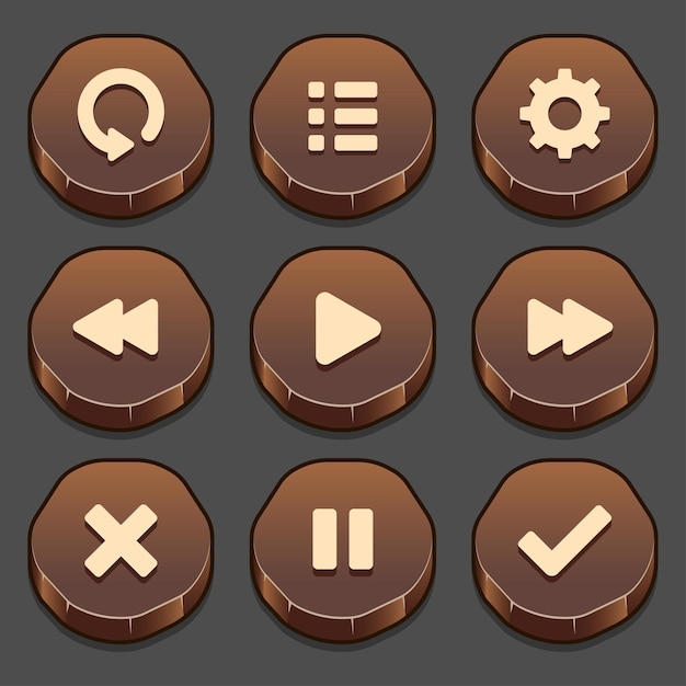 Vecteur gratuit ensemble sombre d'éléments de bouton de pierre de jeu et barre de progression, formes lumineuses et différentes de boutons pour jeux et application.