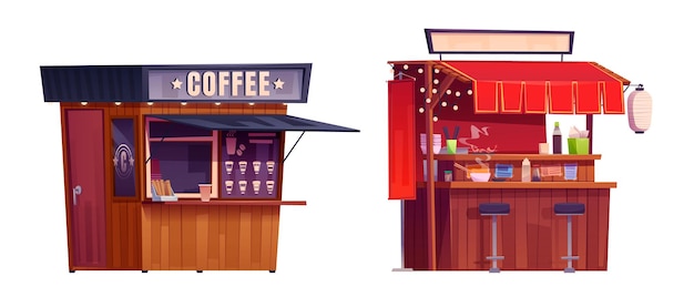 Vecteur gratuit ensemble de stands de nourriture et de boissons de rue isolés sur fond blanc illustration de dessin animé vectoriel d'un café avec une tasse de papier et des pailles de sucre près de la fenêtre kiosque de cuisine asiatique avec un bol de soupe chaude