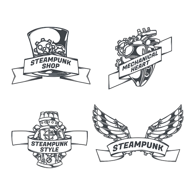 Ensemble Steampunk D'emblèmes Isolés Avec Des Images Et Des Rubans De Style Croquis Coeur Ailes Mécaniques Avec Texte