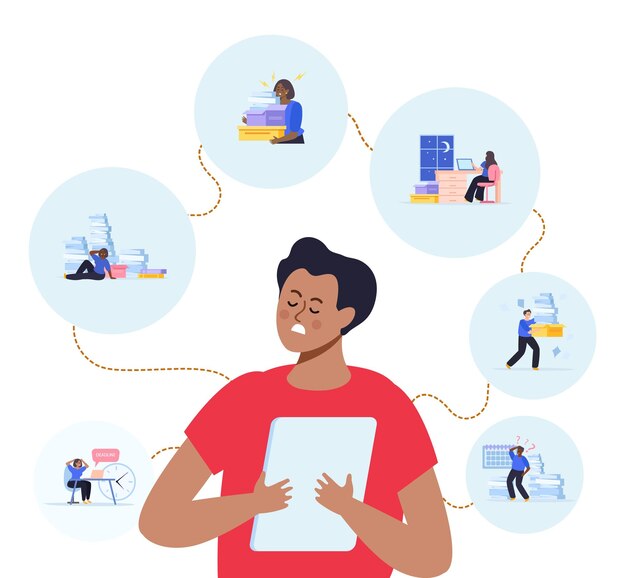 Ensemble de stress commercial de fond blanc et de personnage masculin entouré de compositions montrant des situations de travail serrées illustration vectorielle