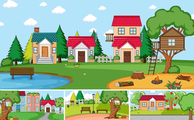 Vecteur gratuit ensemble de style de dessin animé de différentes scènes de maison en plein air