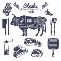 Vecteur gratuit ensemble de style vintage de steaks