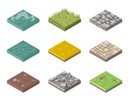 Ensemble de surfaces au sol. herbe, roches et eau. conception de sites web de paysage. illustration vectorielle