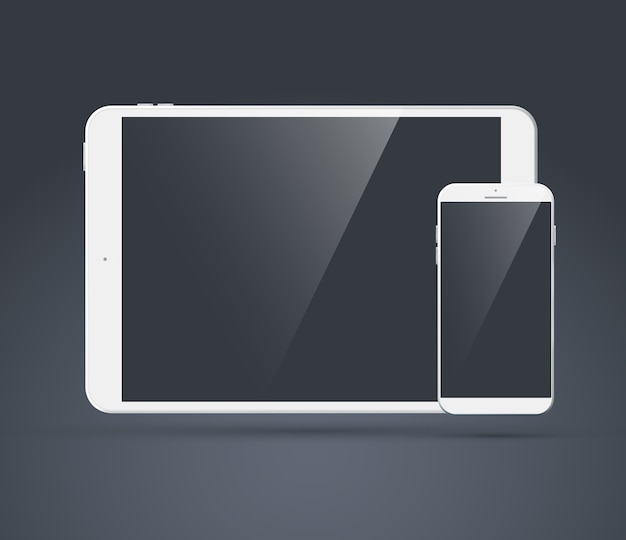 Vecteur gratuit ensemble de tablette moderne et téléphone mobile sur le gris foncé avec des ombres sur leurs écrans brillants s'éteignent
