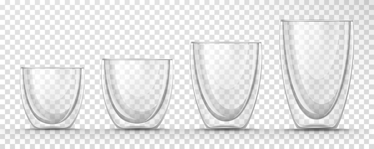 Vecteur gratuit ensemble de tasses vides en verre transparent de différentes tailles à double paroi