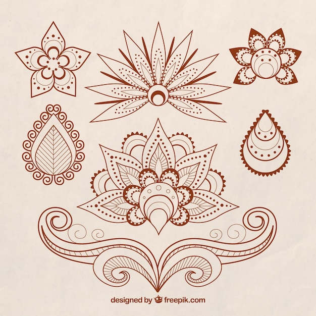 Vecteur gratuit ensemble de tatouages ​​au henné, thème floral