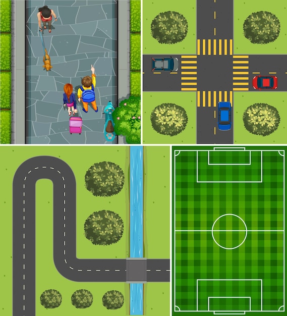 Vecteur gratuit ensemble de terrain de football aérien et scène de route