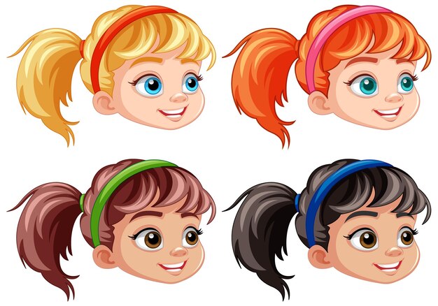 Ensemble de tête de dessin animé fille couleur de cheveux différente