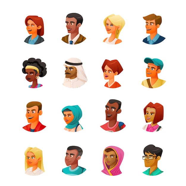 Vecteur gratuit ensemble de têtes de dessin animé de diversité