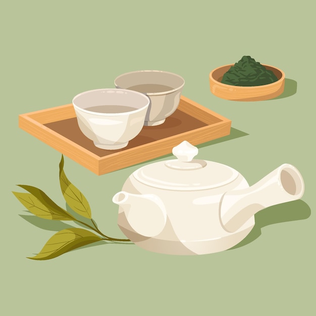 Vecteur gratuit ensemble de thé japonais et tasses