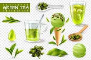 Vecteur gratuit ensemble de thé vert réaliste avec des images isolées de cuillères à tasses et de feuilles naturelles vector illustration