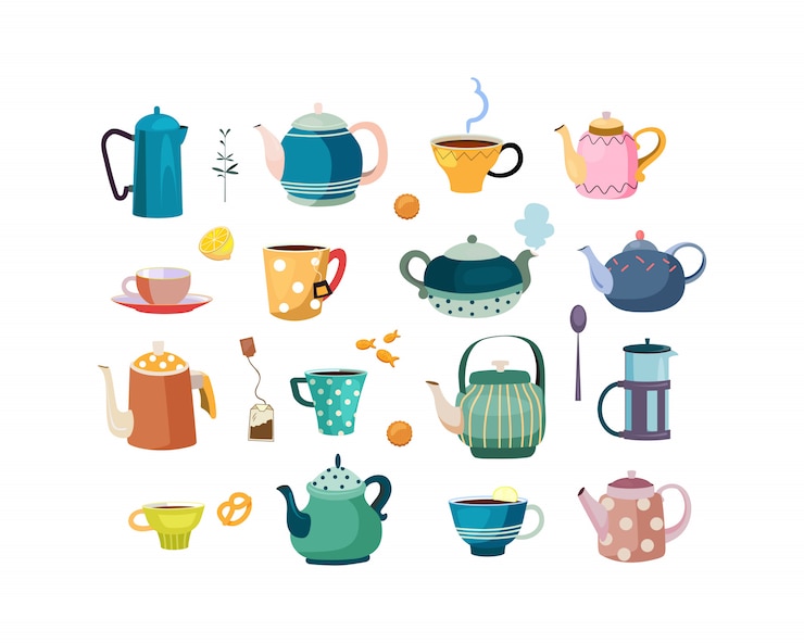 Vecteur gratuit ensemble de théières et tasses