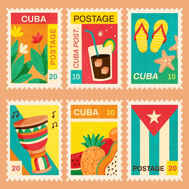 Vecteur gratuit ensemble de timbres cubains aquarelle