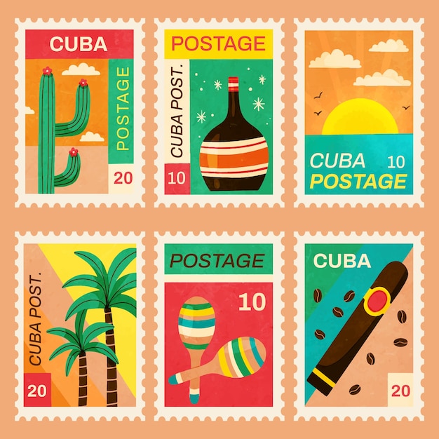 Vecteur gratuit ensemble de timbres cubains aquarelle