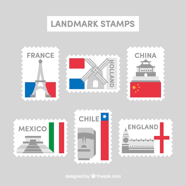 Vecteur gratuit ensemble de timbres emblématiques avec les villes et monuments