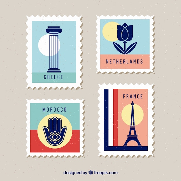 Ensemble De Timbres De Point De Repère Avec Différentes Villes Dans Le Style Vintage