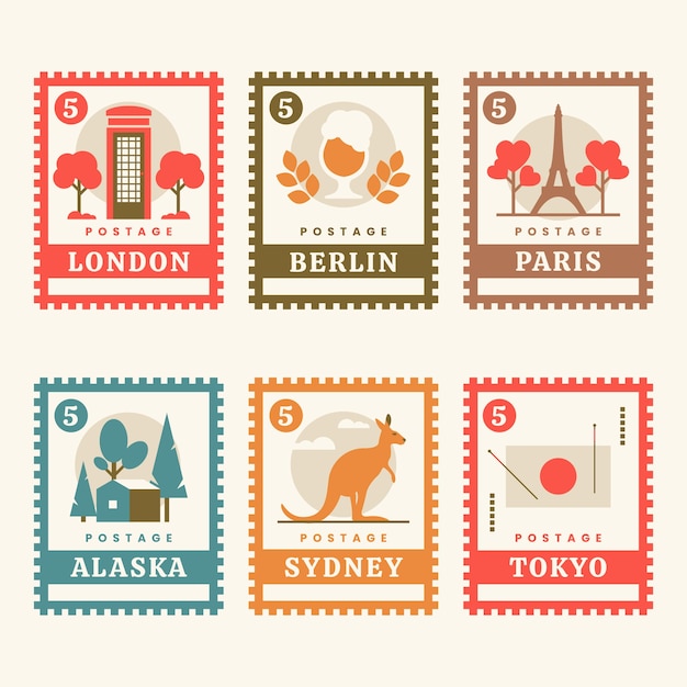 Vecteur gratuit ensemble de timbres-poste design plat