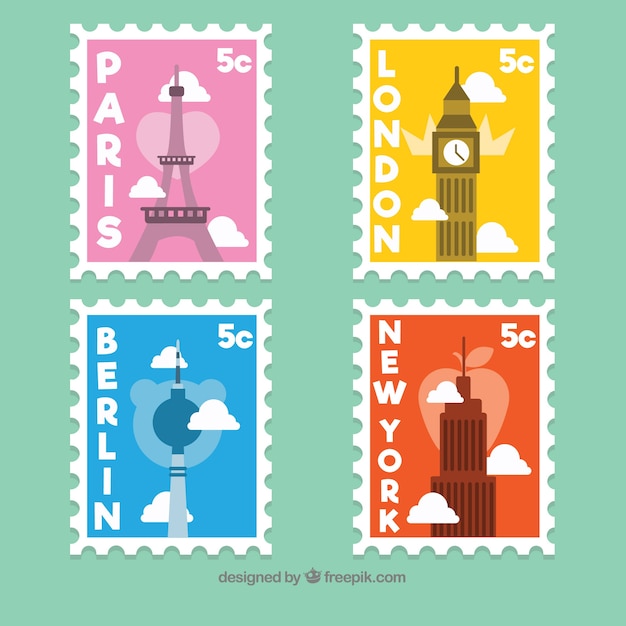 Vecteur gratuit ensemble de timbres de la ville dans le style plat