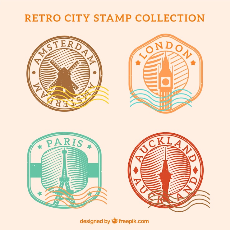 Vecteur gratuit ensemble de timbres de la ville dans un style rétro