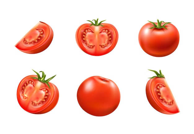 Ensemble de tomates mûres rouges entières et tranchées. légumes crus juteux pour un emballage de produits alimentaires sains. ingrédient végétarien frais, nourriture biologique.