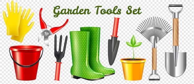 Vecteur gratuit ensemble transparent d'outils de jardin réaliste