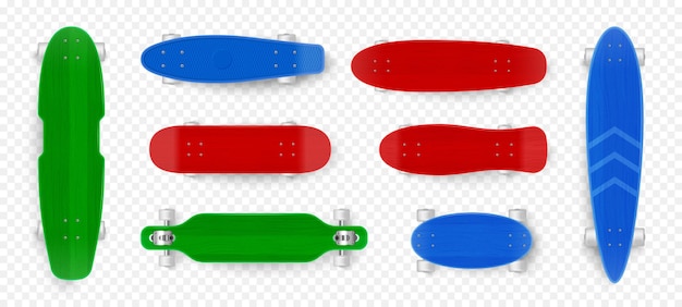 Vecteur gratuit ensemble transparent de planche à roulettes réaliste avec des vues de dessus et de dessous d'illustration vectorielle de planches à roulettes vertes rouges et bleues