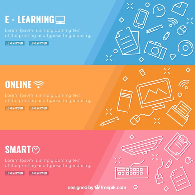 Ensemble De Trois Bannières D'éducation Numérique Avec Des éléments Blancs En Design Plat