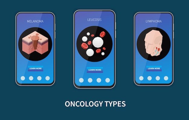 Vecteur gratuit ensemble de trois bannières isométriques mobiles verticales avec trois types de cancer mélanome leucose lymphome isolé sur fond sombre illustration vectorielle 3d