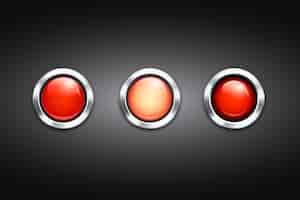 Vecteur gratuit ensemble de trois boutons rouges vierges avec rebords et reflets en métal brillant