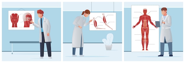 Vecteur gratuit ensemble de trois compositions carrées avec des caractères de griffonnage d'étudiants en médecine apprenant différents types d'illustration vectorielle de moules