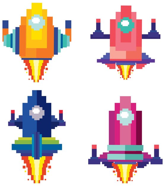 Ensemble de vaisseaux spatiaux de jeu de pixels isolés