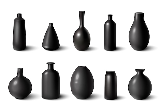 Ensemble De Vases En Porcelaine Céramique Noire Brillante Illustration Vectorielle Isolée Réaliste