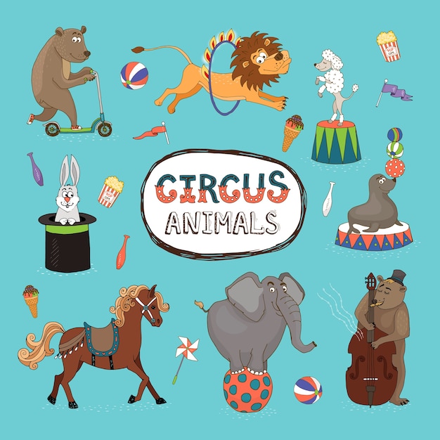 Vecteur gratuit ensemble de vecteur d'animaux de cirque colorés avec un cadre central avec texte
